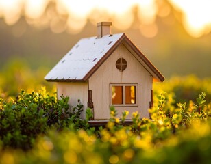 Small Wooden House Model in Garden.