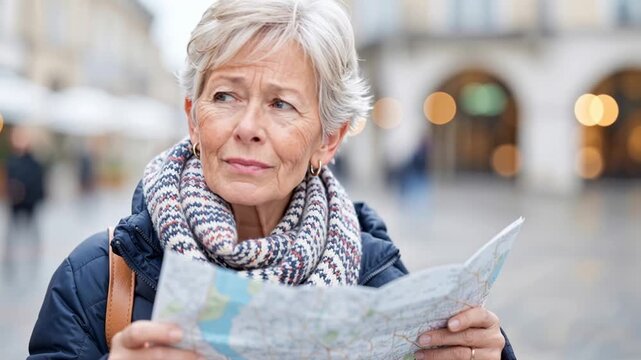 elderly female tourist looks confused while reading a city map outdoors, capturing travel navigation challenges and urban exploration moments