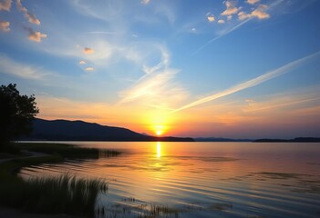 Obraz premium Peaceful sunset over tranquil lake, serene nature scene, kvieto, naturo