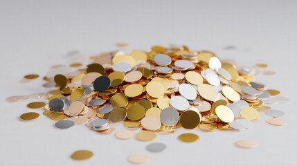 Scattered metallic confetti on white surface