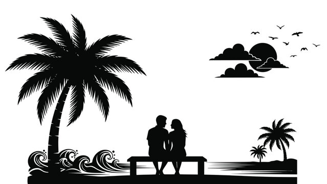 Romantic couple silhouette sitting on a bench under palm trees watching the sunset over ocean waves