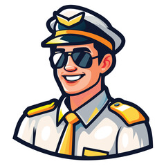 Smiling male pilot character avatar displaying aviator sunglasses and uniform with cap, collar and tie