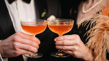 Couple toasting cocktail glasses at 1920s vintage party. Elegant hands holding orange drinks at roaring twenties style celebration. Man in tuxedo woman with feathers pearls retro formal event toast.