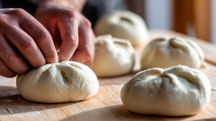 Baker hands shaping dough portions on wooden board in bakery kitchen. Fresh bread buns preparation closeup. Artisan baker crafting homemade rolls. Traditional baking process culinary craft concept.