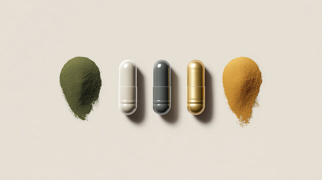 Biohacking supplements concept. Capsules with adaptogen powder on neutral background. Wellness routine with microdose pills, green spirulina and golden turmeric. Natural health optimization products.