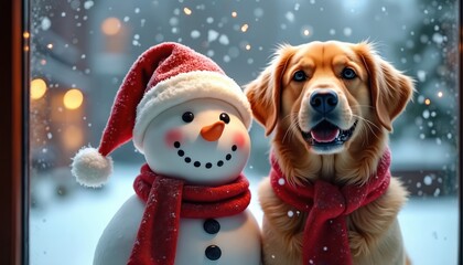 A happy snowman and a golden retriever dog wear red scarves. They look out a snowy window on a winter holiday day. Friends celebrate the festive season together.