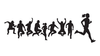 Set of vector silhouettes featuring diverse people running and jumping in a line, concept for sports, celebration, and active lifestyle
