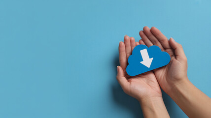 hands gently cradle a blue cloud icon, signaling a digital download against a calm backdrop, capturing the essence of cloud computing and data transfer