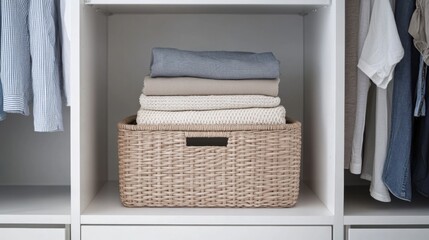 A woven storage basket inside a wardrobe holding folded clothes