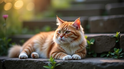 A beautiful long-haired orange tabby cat relaxing on stone steps in a garden