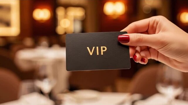 A woman presents a VIP card in a luxurious restaurant setting, representing privilege, exclusivity, upscale experience, access, and membership