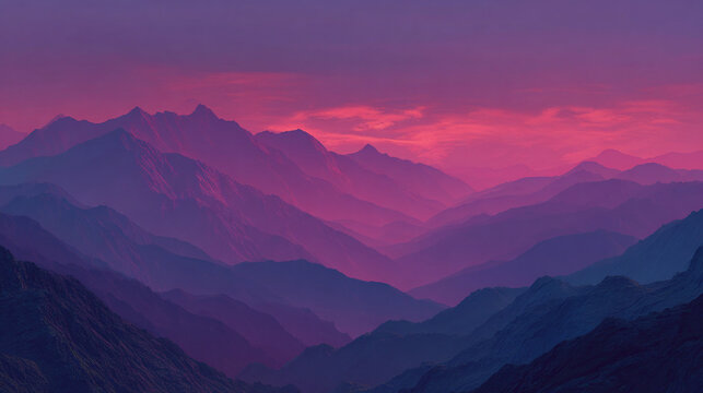 A mesmerizing view of layered mountains bathed in the hues of a sunset