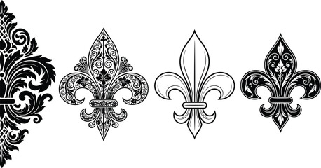 Ornate fleur de lis vector collection, vintage black floral emblem set, decorative heraldic symbols, elegant ornamental design illustration for branding © Md