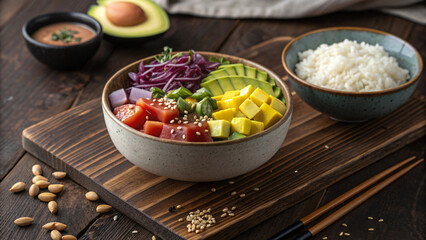 Healthy Poke Bowl with Fresh Vegetables, Avocado, Rice and Sesame Seeds