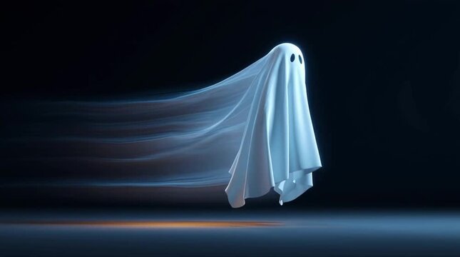 3D rendered animation of a ghost moving from left to right on dark background 4k video