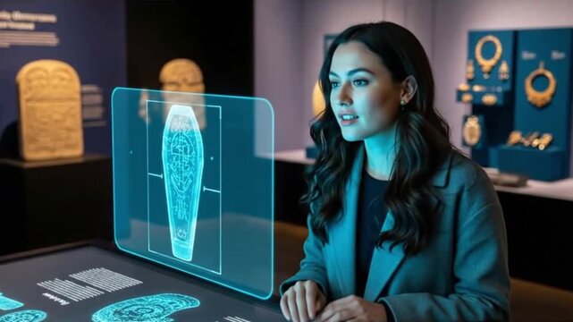 A woman interacts with a futuristic interface displaying historic artifact diagrams. It represents technology, research, interaction, and ancient discovery