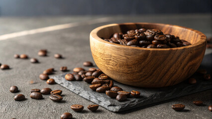 Roasted Coffee Beans in Wooden Bowl on Dark Background &ndash; Fresh Arabica Coffee