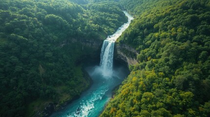 A breathtaking aerial view of a powerful waterfall in a lush green forest valley
