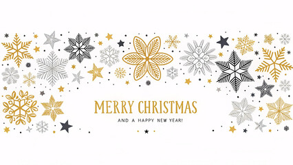Merry Christmas and Happy New Year Elegant Snowflake Banner in Gold Black and White Holiday Design