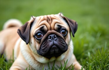 Young pug rests on green grass. Beige dog has big eyes with curious look. Small animal sits outdoors on lawn. Purebred pet enjoys summer day. Cute canine.