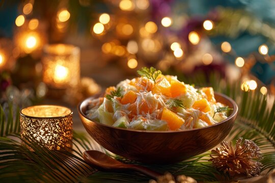 Buko Salad in wooden bowl, creamy, orange-colored, topped with fresh herbs. Concept of cozy, festive table setting, warm glow from candles, young coconut cream Filipino sweet.