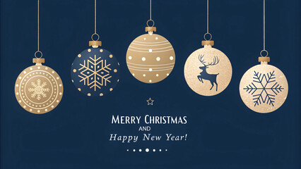 Merry Christmas and Happy New Year Blue and Gold Ornament Background with Elegant Holiday Decorations
