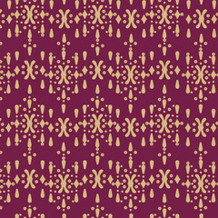Seamless ornamental pattern with small gold geometric motifs on a burgundy background ideal for textiles, wallpaper, wrapping and decor.