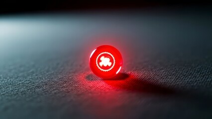 Red glowing button with a white symbol on a dark surface, illuminated by a spotlight.