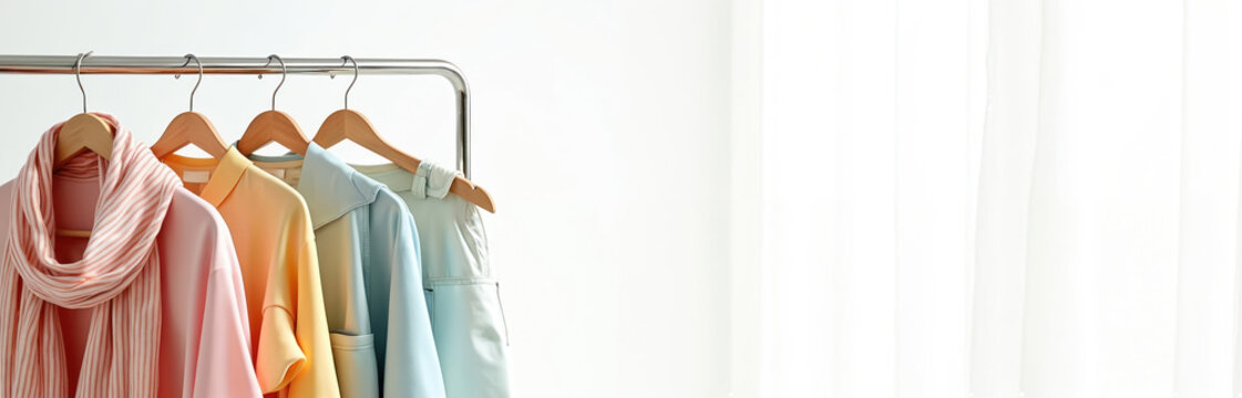 Pastel color spring collection clothing hanging on metal rail. Bright female wear on wooden hangers. Fashion boutique sale concept. Minimalist style, elegant design, white background. - Powered by Adobe