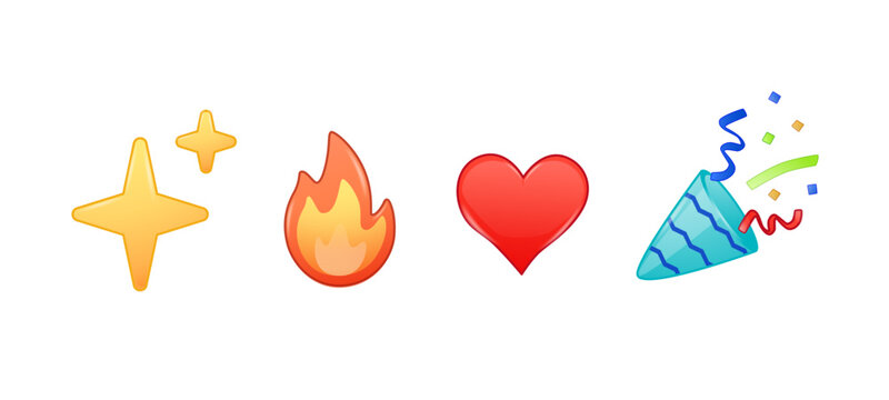 Emoji party popper, love, sparkles and flame icon illustration design. Happy birthday funny and smiling emoji, chat