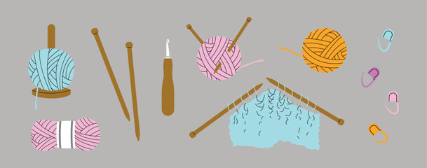 Knitting equipment set on a grey background, vector illustration.