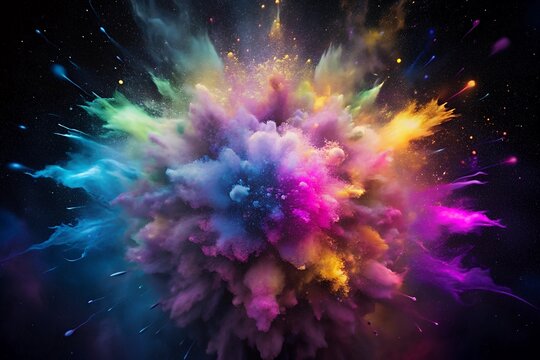Vibrant colorful explosion of paint in mid-air on dark background