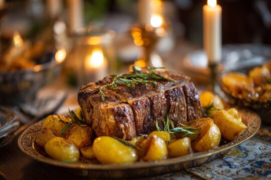 Plate of Carne Vinha Alhos with roasted potatoes and rosemary on wooden table. Concept of warmth, festivity, and Portuguese dining experience. Soft candlelight ambiance, cozy setting.