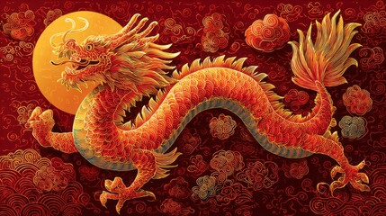 Fototapeta premium Majestic Red Dragon Surrounded by Clouds and Moonlight Glow