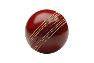 Red leather cricket ball with tan stitching isolated on a transparent background