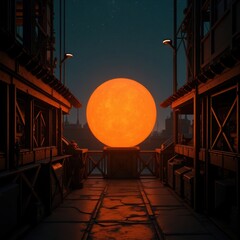 A glowing orange sphere dominates the industrial walkway at twilight