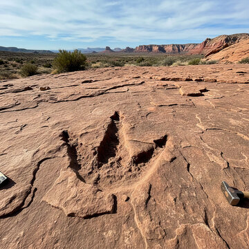 A well-preserved tridactyl dinosaur footprint fossilized in red Navajo sandstone, set in a vast desert landscape featuring iconic mesas and buttes under a bright sky. Paleontological discovery.