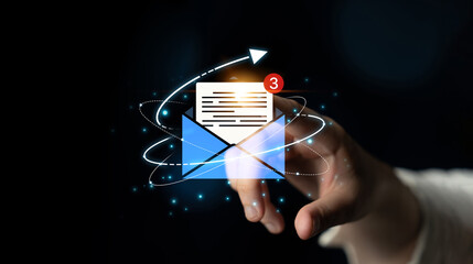 Concept of digital communication and correspondence. Receiving a new message or notification in an email inbox, representing online information exchange and alerts. Fermion