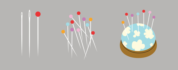 Needles and pins set on a grey background, vector illustration.