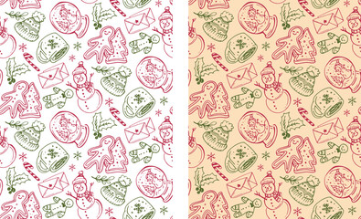 Merry Christmas and Happy New 2026 Year - cute hand drawn doodle pattern background.