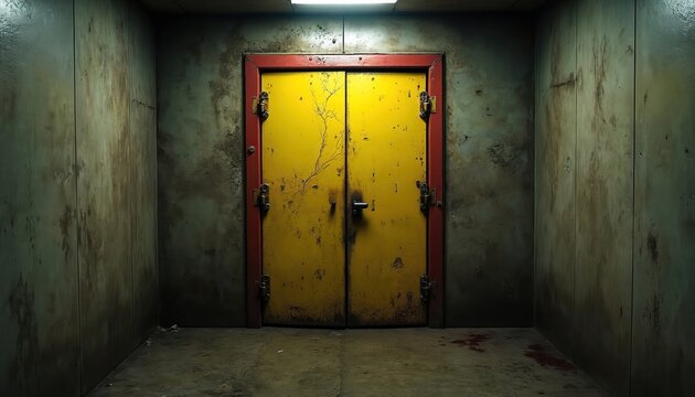Yellow double doors with red frame in abandoned concrete bunker corridor. Grimy walls show rust and dirt. Dim light from above creates menacing atmosphere. Dark floor stained.