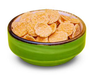 Green mini bowl filled with golden toasted cornflakes is isolated against a clean white background. Ready for a healthy breakfast. Ideal for food or cornflakes advertising.