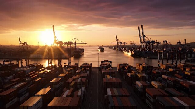 Vibrant golden sunrise over a bustling international container port with cargo ships passing between towering industrial cranes and stacked shipping containers