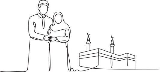 One continuous line drawing of a husband and wife who are performing the Hajj and Umrah in the holy land of Mecca. one line Art icon drawing