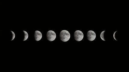 All phases of the Moon in a single horizontal row on a black background, highly detailed.