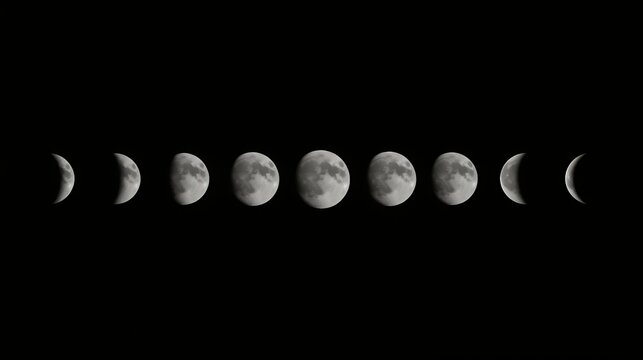 All phases of the Moon in a single horizontal row on a black background, highly detailed.