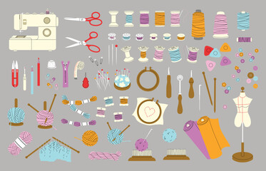 Sewing and handmade equipment collection on a grey background, vector illustration.