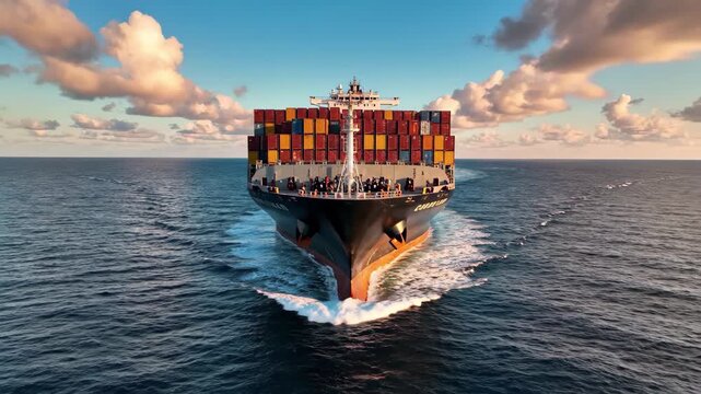 Massive container ship cutting through the ocean waves under a beautiful sky, global trade and logistics in action with dynamic movement, 4k