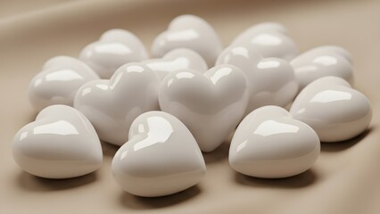 Delightful collection of small, pristine white ceramic hearts, their glossy surfaces reflecting light, symbolizing pure affection, romance, and sweet emotional connection