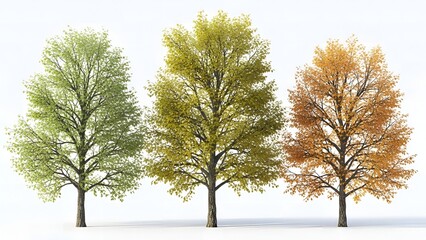 Fototapeta premium A row of three deciduous trees showing the progression of autumn color from green to orange